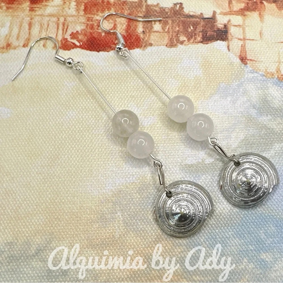 Extra long silver shell charms white Quartz  statement earrings/barrel/ vintage - Picture 1 of 5